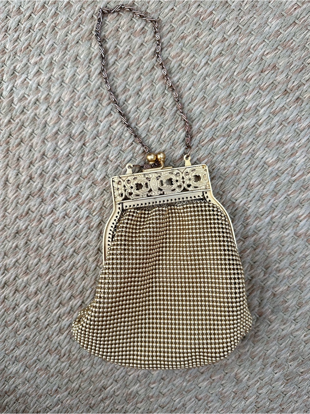 Whiting & Davis Gold Mesh Evening Purse with Ornate Frame and Chain
